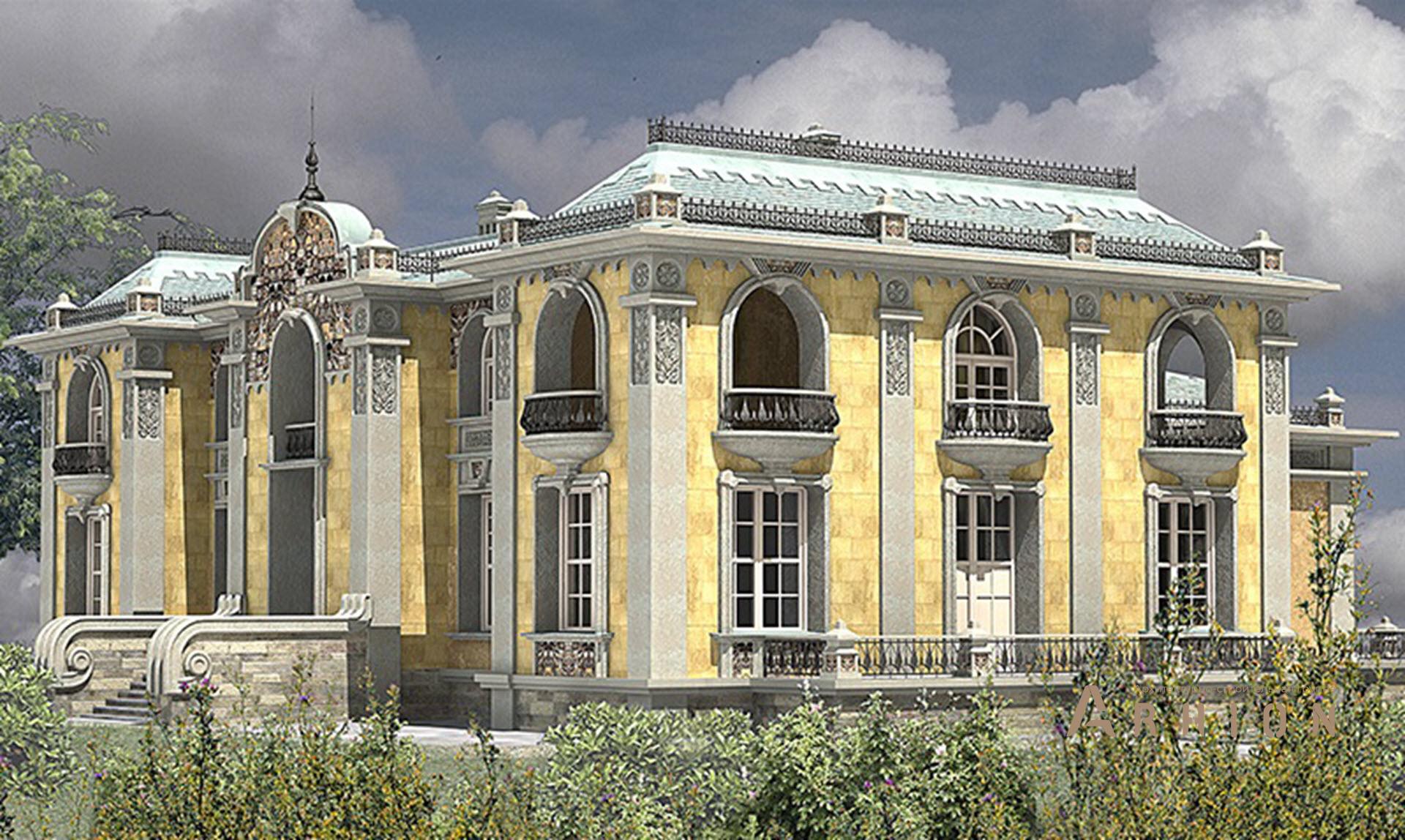 6. Проект двухэтажного дома в стиле барокко с многоскатной кровлей, SOV-6, площадью - 1100 кв c цокольным этажом, сауной, терассой, балконом, бассейном, вторым светом